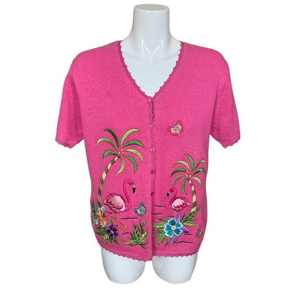 Jenny Pink Ramie Knit Tropical Pink Flamingo Button Front Sweater/Cardigan Large - Picture 3 of 13